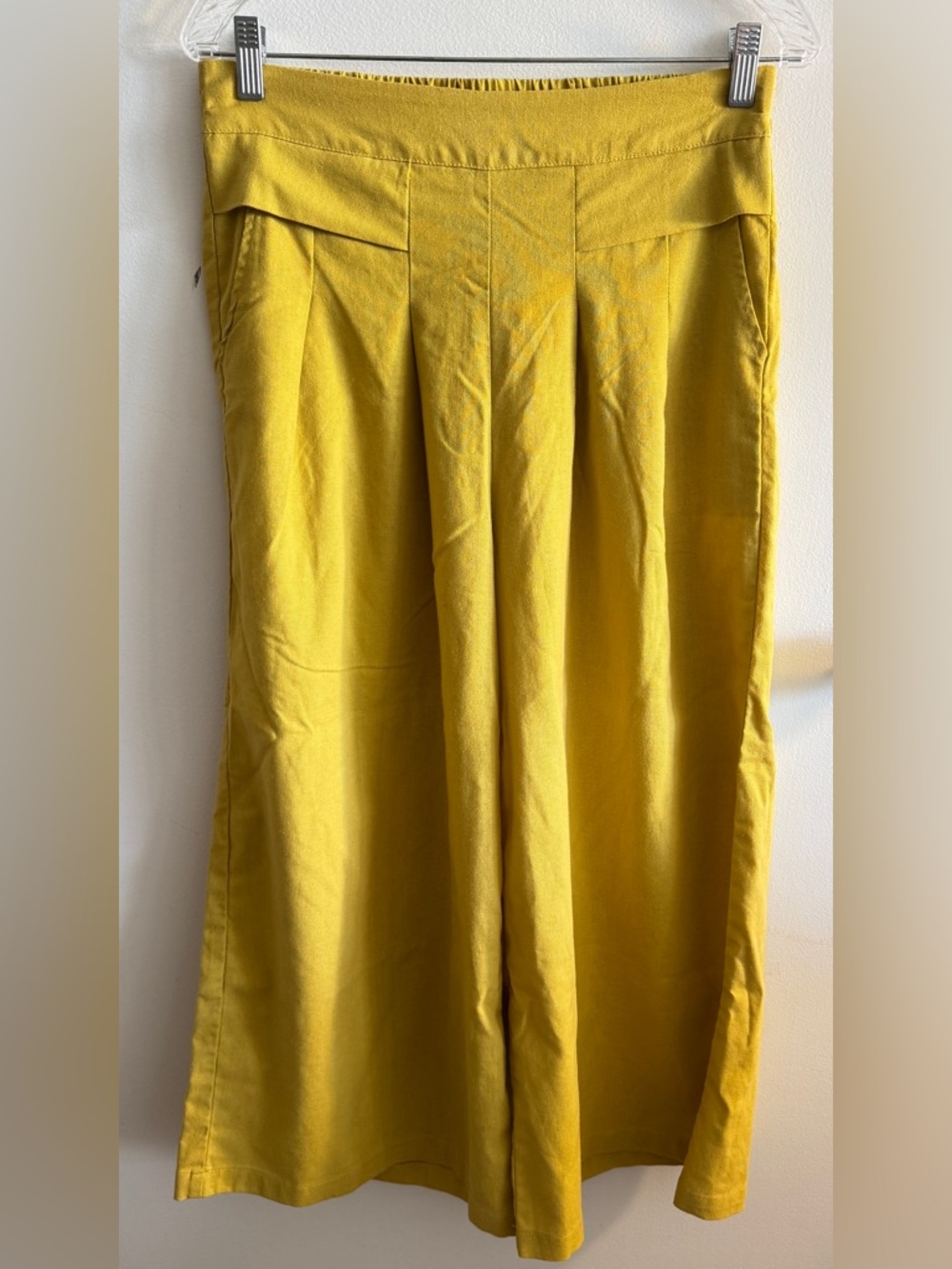 Mustard Yellow Women's Pleated Wide Leg Linen Blend Cropped Pants L Culottes